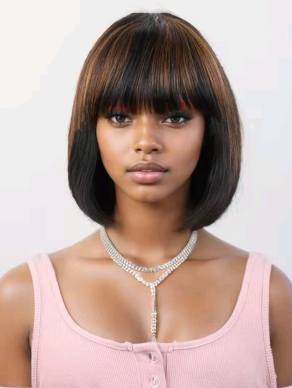 Women's Straight Hair Short Bob Lace Wig 100% Human Hair Wig With Bang 10'" Inch